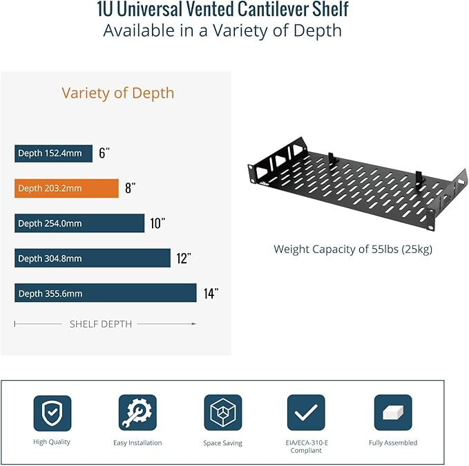 Tecmojo 1U Rack Shelf,19 inch Rack Shelf 8 inch Depth,Rack Mount Shelf with Anti-Slip Stops,Server Rack Shelf and Network Shelf for 19 in Equipments, 55lbs Capacity of Vented 1U Shelf,Black,No Lip