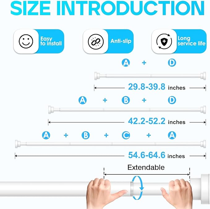 AIZESI White Tension Curtain Rod 30-63 Inch-2PCS, Non-slip Spring Curtain Rod For Windows, No-drilling Adjustable Tension Rod,Non-rust Spring Tension Rod For Doorway Bathroom Kitchen Bedroom