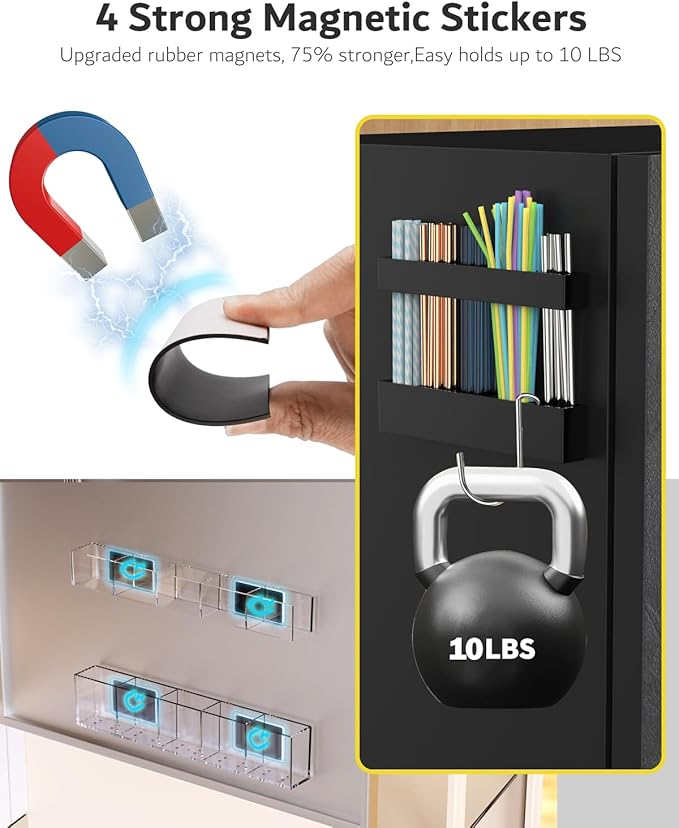 Magnetic Acrylic Straw Holder for Fridge - 5 Slot Sturdy Kitchen Organizer, Adhesive-Free Refrigerator Storage for Metal, Glass, Silicone Straws & Utensils (Black-Magnetic Type-5C)