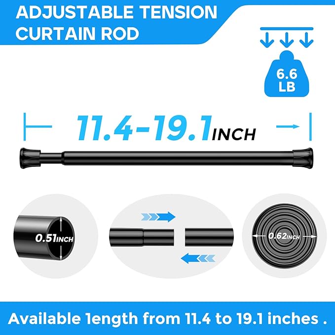 2 Pack Black Spring Tension Curtain Rods 12-19 Inches, Spring Loaded Curtain Rods No Drilling, Adjustable Small Tension Rod for Windows, Kitchen, Doorway, Bathroom, Closet