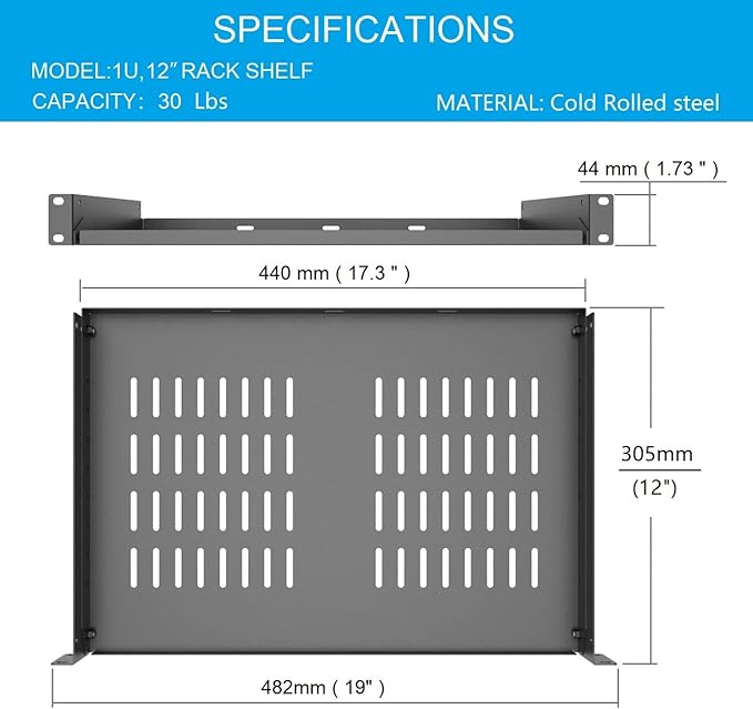 1U Disassembled Universal Server Rack Shelf Steel, 12" Deep Vented Cantilever Rack Tray for 19” Network Equipment Shelf Mounting, Black (12 inch)