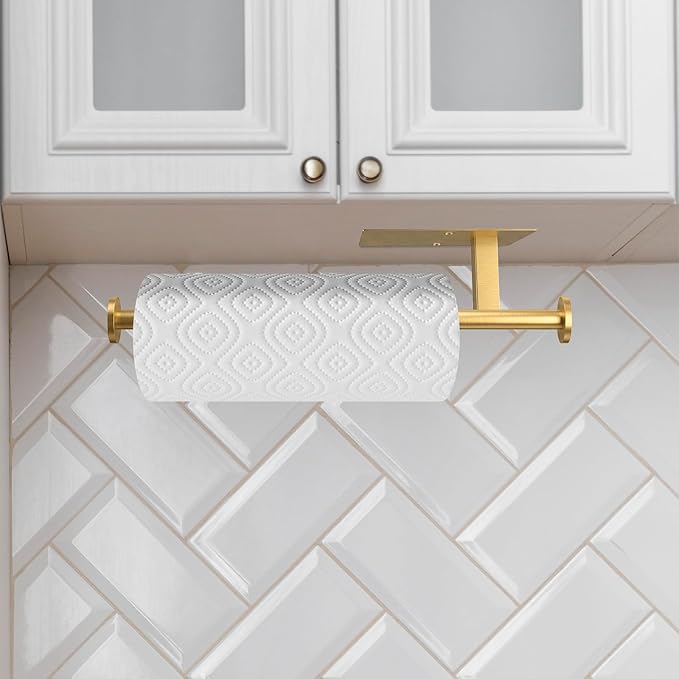 Paper Towel Holder Wall Mount - Self Adhesive No Drill or Drilling, SUS304 Stainless Steel - Kitchen, Bathroom, Sink, Pantry, Fridge (Gold)