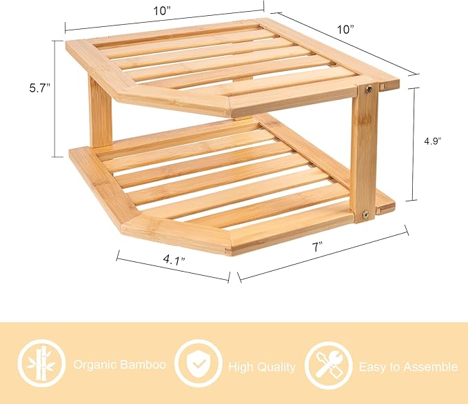Bamboo Corner Shelf,2 Tier Plate Organizer for Cabinet and Countertop,Pantry Dish and Spice Rack for Kitchen