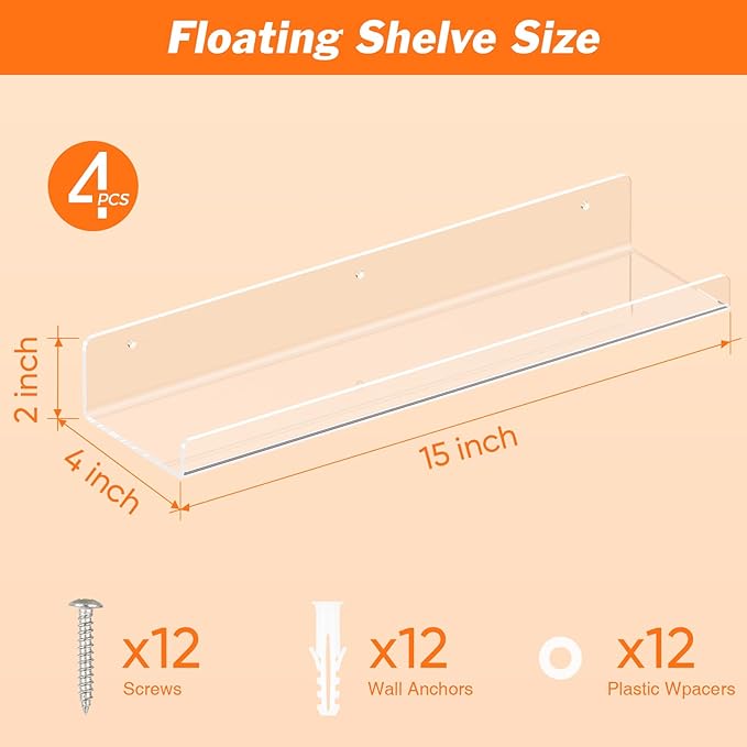 Dooiclear 4 Pack Floating Shelves for Wall, 15" Clear Book Shelf, Acrylic Floating Wall Shelf, Display Shelves Organizer for Bathroom, Classroom, Bedroom, Living Room, Kitchen, Room Decor