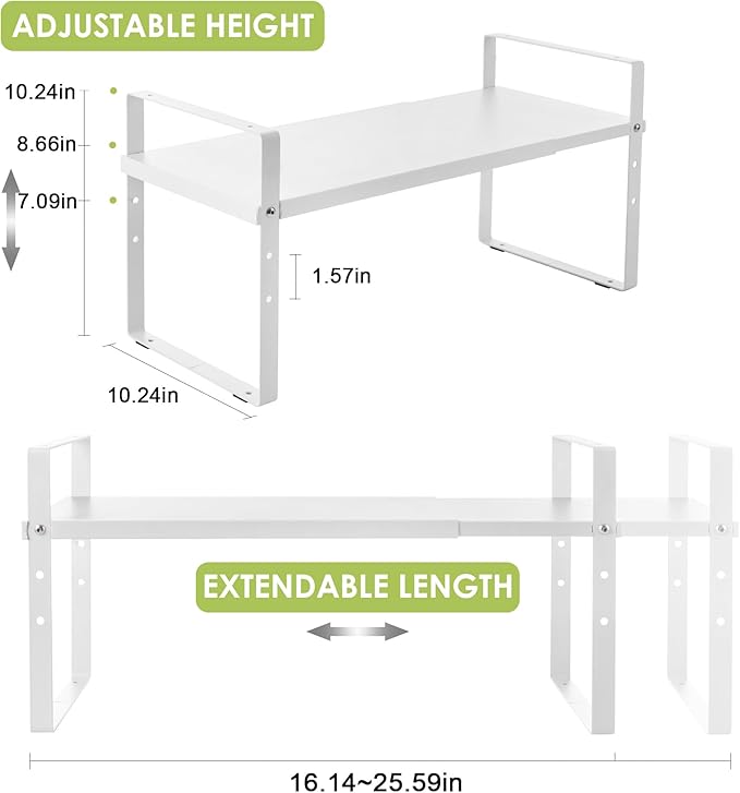 Expandable Cabinet Shelf Organizer Rack, Stackable Kitchen Counter Storage Shelves Stand, Adjustable Height Pantry Shelf Spice Rack