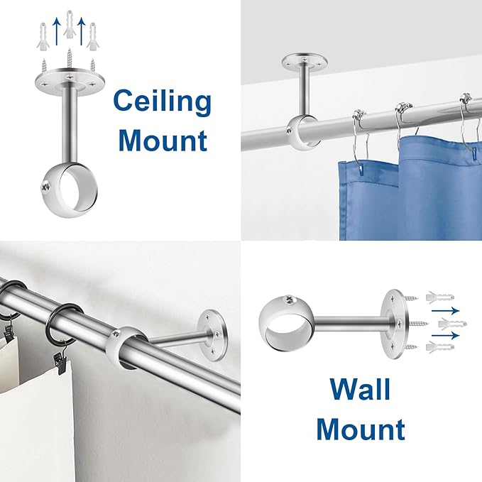 TOKPLNU Ceiling Curtain Rod Brackets, 8 Pack Heavy Duty Holder 1 1/4 Inch Hooks Hangers for Wall, Silver