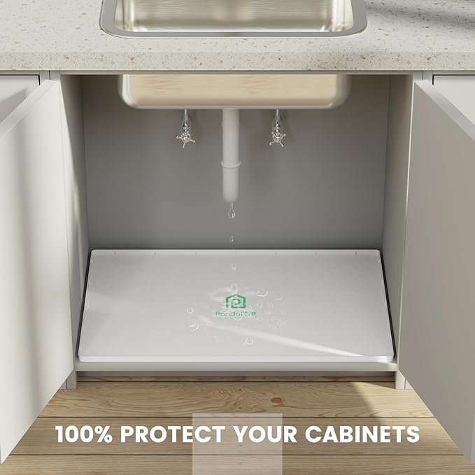 Under Sink Mat, 28" x 22" Silicone Kitchen Cabinet Tray, Waterproof & Flexible Under Sink Liner for Kitchen Bathroom and Laundry Room(White)