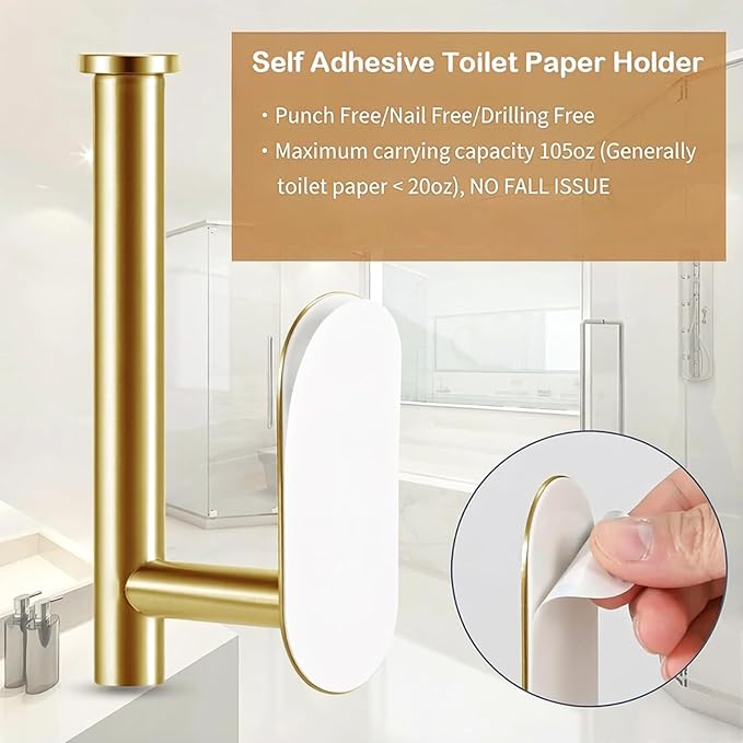 JOPOFI Toilet Paper Holder - Self Adhesive Toilet Paper Holder Wall Mount for Bathroom, Command Strip Stainless Steel Toilet Paper Roll Holder Stick On Wall, No Drilling - Brushed Gold