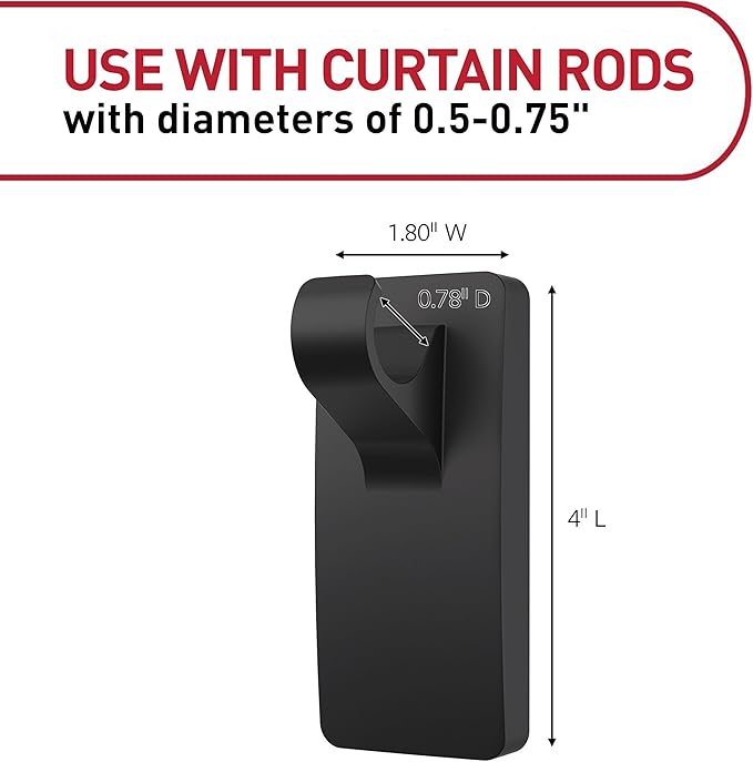 Command 10 lb Matte Black Curtain Rod Hooks, 2 Hooks and 4 Strips, No Drilling Home Decor and Room Decor, Use with Rod Diameters 0.5-0.75" | 10 lb, 4 Command Strips, Damage Free, Curtain Rods Hangers, Home and Room Decor