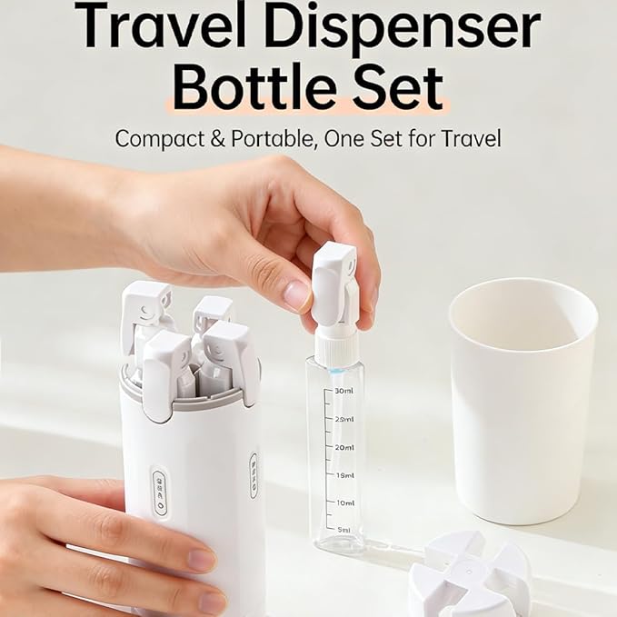 4 in 1 Travel Dispenser, 4 Pack 30ML Travel Bottles with Stickers for Toiletries, Leak Proof Travel Size Containers, Portable for Shampoo Lotion Conditioner Cream White