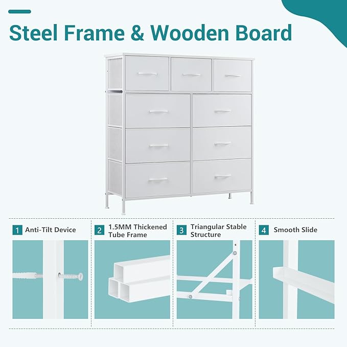 OLIXIS 9 Drawers Storage Organizers Units, Closet Organizers and Storage for Clothes, Fabric Storage Drawer for Living Room, Chest of Dresser in 39.4" D x 11.8" W x 39.9" H, White