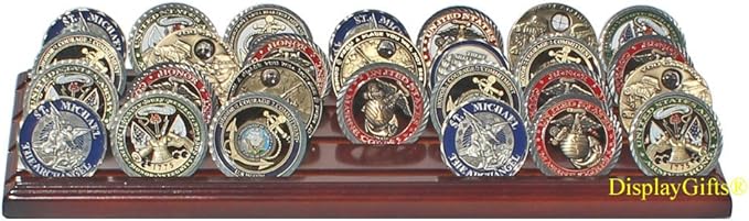 DisplayGifts Challenge Coin Display Stand 4 Row Wooden Holder Rack Case Holds 28 Coins Walnut Finish