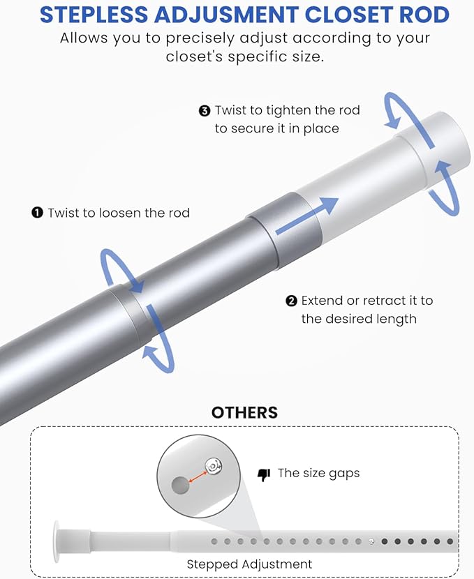 Closet Rods for Hanging Clothes, 17 to 84 Inches Stepless Adjustable Metal Closet Rod, 1.3 Inches Heavy Duty Clothes Hanging Rod for Closet Wardrobes Laundry RV, Silver