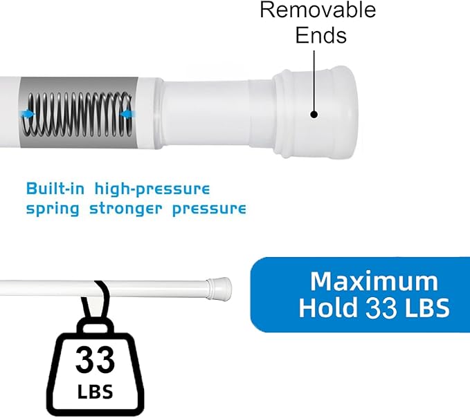No Sectional Assembly Shower Curtain Rod 42-78 Inch, 1" Diameter Spring Long Adjustable Tension Curtain Rods for Bathroom Windows Closet No Drilling No Rust, White