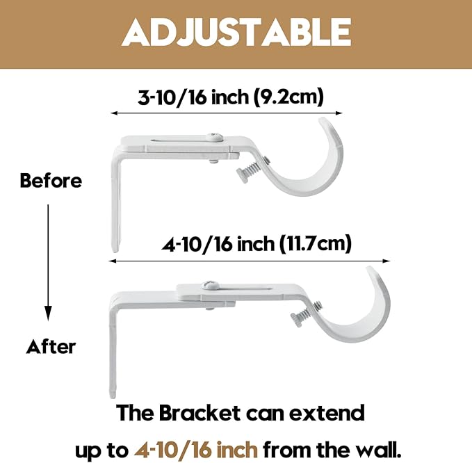 AddGrace Adjustable Curtain Rod Bracket Fits up to 1 inch Curtain Rod Sturdy Premium Brackets for Wall Set of 2 White