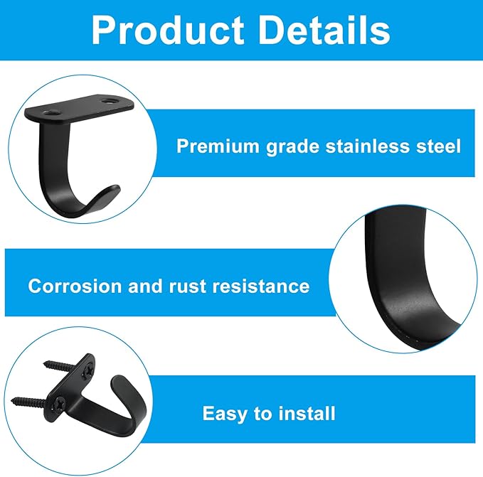 Piutouyar 6 Pack Black Screw Mounted Ceiling Hooks, Heavy Duty Under-Shelf Coat Hook, Stainless Steel Towel/Robe Clothes Hook Hanger for Cabinet, Kitchen, Cupboard, Bathroom