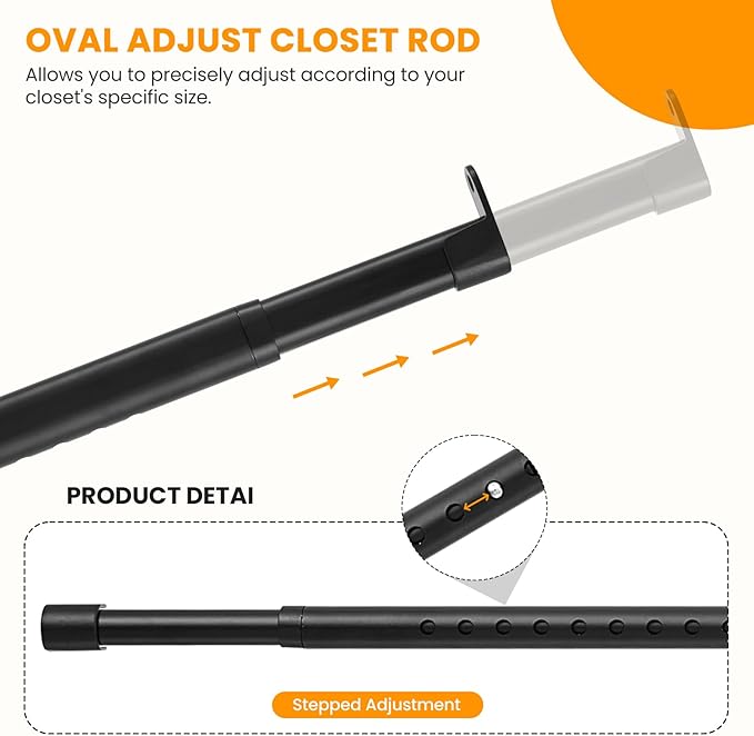 Oval Closet Rod for Hanging Clothes Adjustable Closet Rods 18 to 52 Inch Heavy Duty Black Poles Bar Closet Rod Expandable for Wardrobes Laundry RV