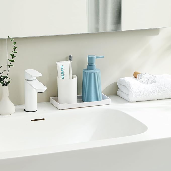 Small Soap Dispenser for Bathroom and Kitchen, Modern Farmhouse Striped Style Plastic Hand Soap Dish Soap Dispenser with Pump Light Blue