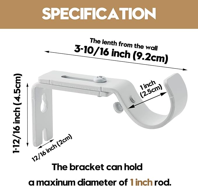 AddGrace Adjustable Curtain Rod Bracket Fits up to 1 inch Curtain Rod Sturdy Premium Brackets for Wall Set of 6 White