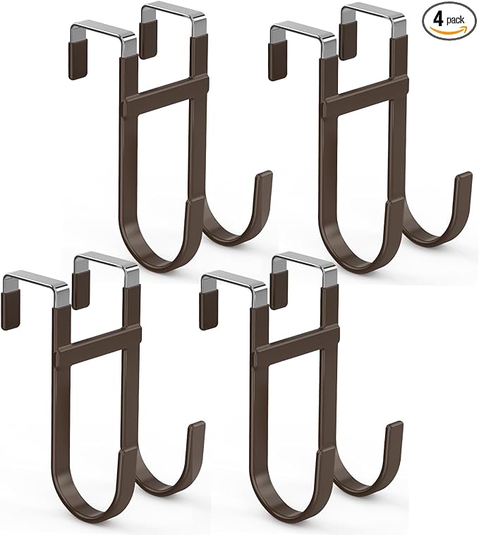 FYY Over The Door Hooks - 4 Pack Heavy Duty Double-Hanger Organizer for Bathroom Bedroom Dorm, Hanging Clothes Towels Hats Bags Ironing Board Wreath Robe - Fits Interior Doors Up to 1 3/8" Brown
