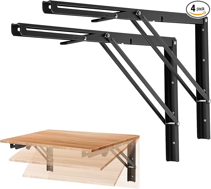 Ravinte 4 Pack 22 Inch Folding Shelf Brackets – Matte Black, Heavy Duty Collapsible Brackets for Tables and Benches – Space-Saving Design
