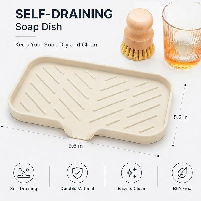 MicoYang Silicone Soap Dish with Drain Spout — Self-Draining Sink Organizer Tray for Bathroom & Kitchen, Sponges, Dispensers & Soap Holder, Non-Slip & Dishwasher Safe, Tapioca (Medium, 9.6"×5.3")