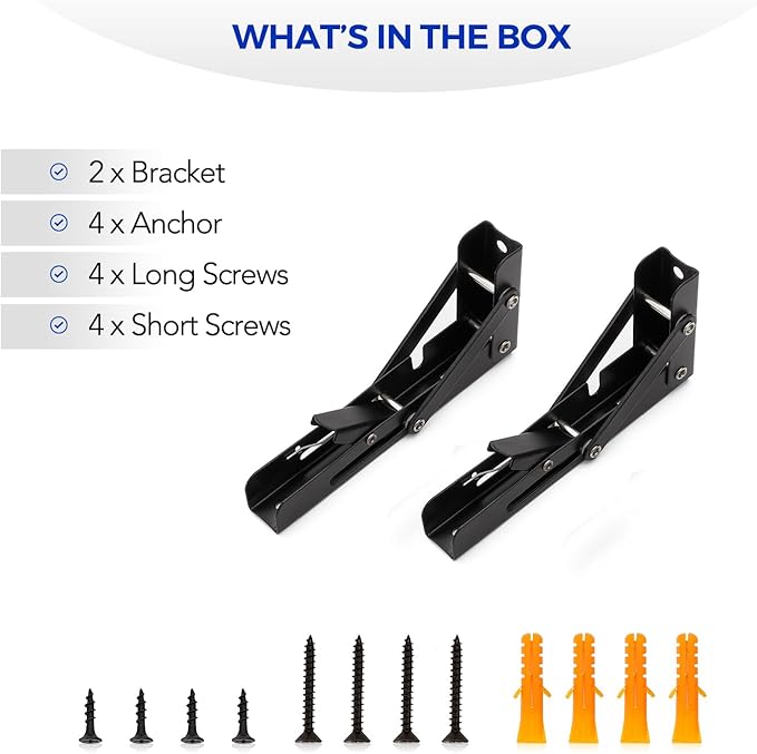 Ravinte 4 Pack 6 Inch Folding Shelf Brackets – Matte Black, Heavy Duty Collapsible Brackets for Tables and Benches – Space-Saving Design