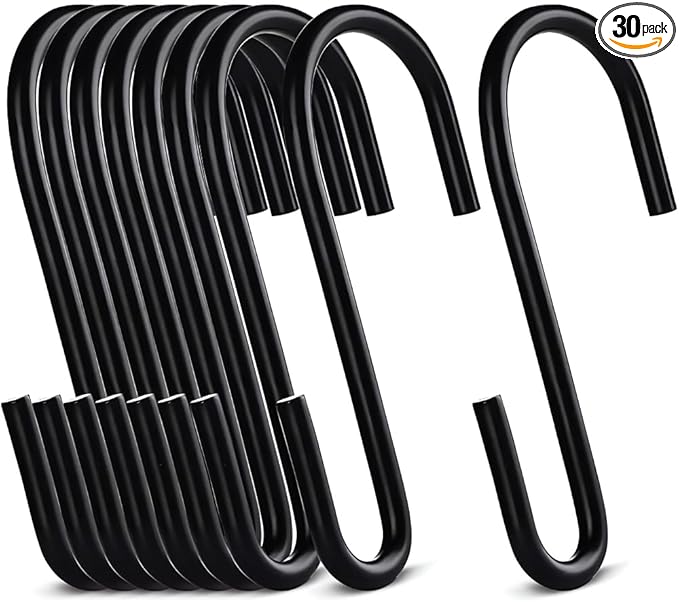 30-Pack Black S Hooks for Hanging 2.4 Inch – Small S Hooks Carbon Steel Hangers for Jeans, Kitchen Pots & Plant Hanging – Lightweight 0.88 Inch Opening Holder for Wire Shelving, Towel & Purse