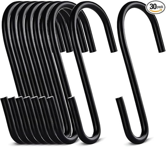 30-Pack Black S Hooks for Hanging 2.4 Inch – Small S Hooks Carbon Steel Hangers for Jeans, Kitchen Pots & Plant Hanging – Lightweight 0.88 Inch Opening Holder for Wire Shelving, Towel & Purse