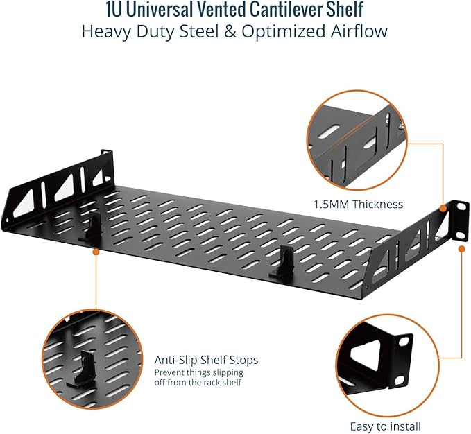 Tecmojo 1U Rack Shelf,19 inch Rack Shelf 8 inch Depth,Rack Mount Shelf with Anti-Slip Stops,Server Rack Shelf and Network Shelf for 19 in Equipments, 55lbs Capacity of Vented 1U Shelf,Black,No Lip