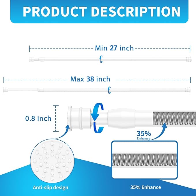 AIZESI 2 Pack Tension Curtain Rods for Windows 27 to 38 inch, Adjustable Expandable Pressure Spring Curtain Rods No Drilling, White Tension Rods for Bedroom Closet Door