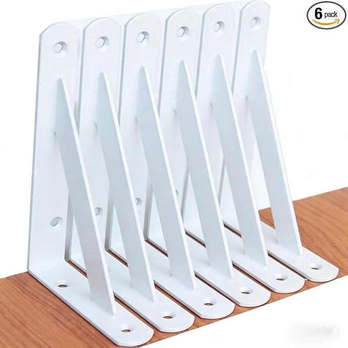 6 Pack L6 x H 4" White Heavy Duty Shelf Brackets with Screws Metal Shelf Brackets Shelf Support Angle Brackets for Shelves L Brackets Heavy Duty Floating Shelf