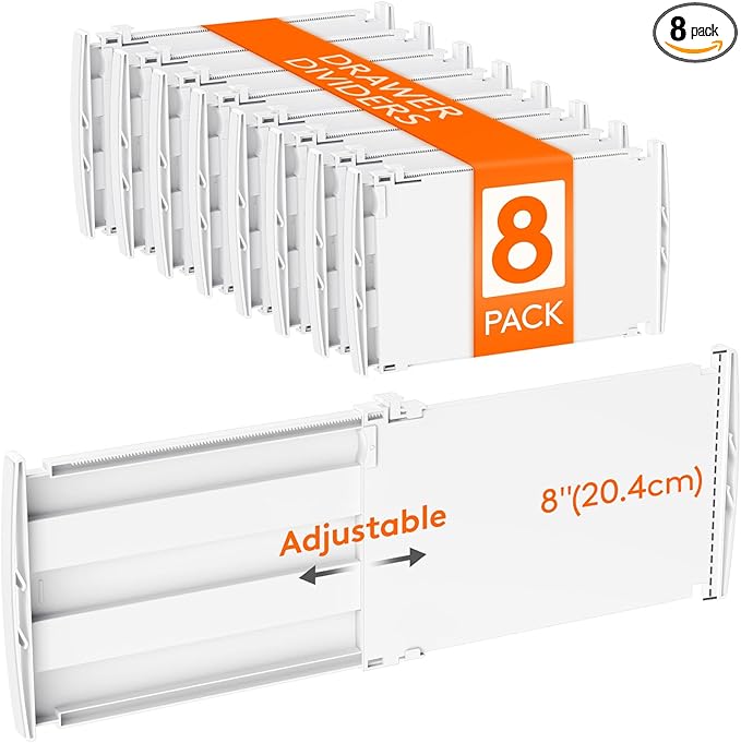 Lifewit 8" Tall 8 Pack Drawer Dividers, 35-56.5cm/13.8-22.2" Expandable Drawer Divider for Clothes, Adjustable Dresser Drawer Organizers, Drawers Separators for Dresser/Bathroom/Closet/Kitchen White