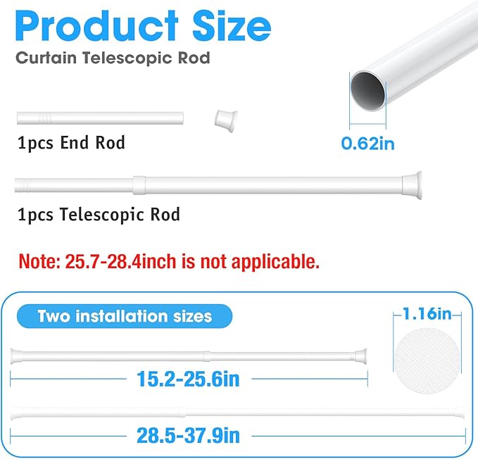White Tension Curtain Rods18 to 36 Inch,Small Curtain Rods No Drilling,Short Tension Rod,Adjustable Spring Rod for Windows,Door,Closet