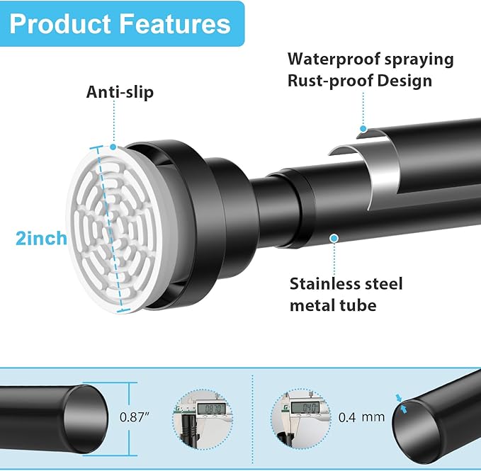 Tension Curtain Rod 30 To 49 Inch Black Tension Rods Adjustable Spring Loaded Curtain Rods 7/8" Curtains Rods No Drilling Tension Rods For Windows Bedroom Closet Doorway Door 2pcs