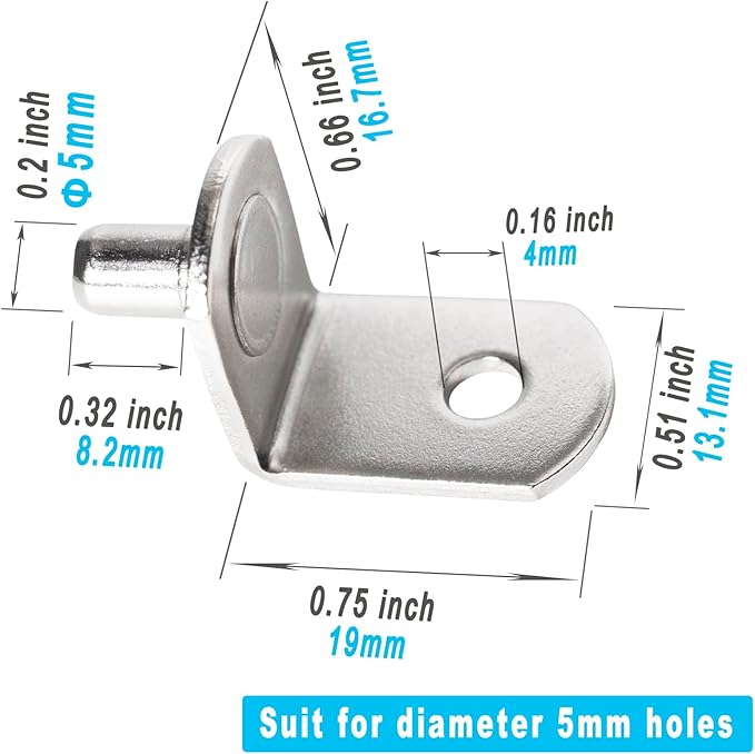 SDTWZW 5mm Shelf Pegs L-Shaped Cabinet Support Pins Bracket Style Clips for Bookcase Kitchen Closet Shelves Holders,16 PCS Nickel Plated Silver
