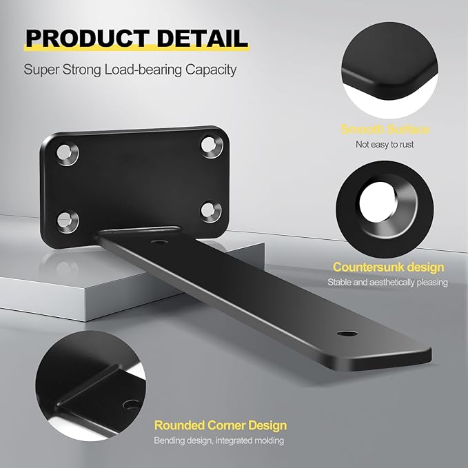 6 Pack - 12 inch Black Hidden L Shelf Bracket (1/5 Inch Thicked) Iron Floating Shelf Brackets Rustic Industrial Metal Brackets for Shelf Support
