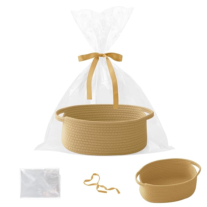 Small Woven Rope Basket-Empty Gifts Basket with Bag and Ribbons,Cute Handle Organizer Box for Birthday/Baby Shower, Toy Storage, Nursery Organizing & Shelf Decor(Jute)