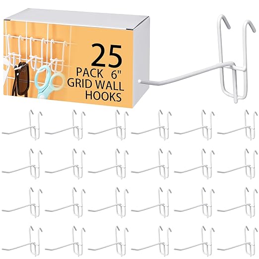 Moxweyeni 6 Inch Grid Wall Hooks 25 Pcs Gridwall Panel Hooks Store Garage Wall Mount Organizers Storage Grid Display Hangers for Retail, Craft Show, Home Setup, Customized Display(White)