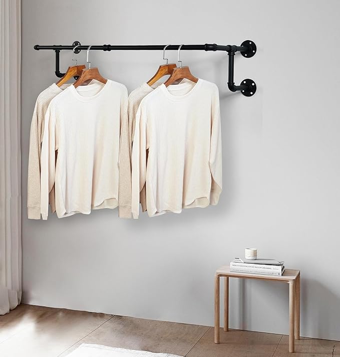 Homeyeeng Clothes Rack, Industrial Wall Pipe Clothing Rack for Hanging Clothes, Wall Mounted Heavy Duty Space Saving Garment Rack, Multi-Purpose Clothing Hanging Rods for Closet Storage, Black, 2Pcs
