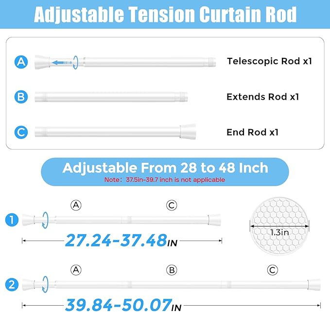 AIZESI 4pcs Tension Curtain Rod Spring Tension Rods for Windows 28 to 48 Inch, 7/8 Diameter White, Adjustable Curtain Rod Spring Tension Curtian Rod for Bathroom, Kitchen, Cupboard