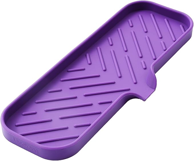 MicoYang Silicone Soap Dish with Drain Spout — Self-Draining Double Sink Organizer Tray for Kitchen & Bathroom, Dispensers, Sponges & Soap Holder, Non-Slip & Dishwasher Safe, Purple (Large, 12"×4")