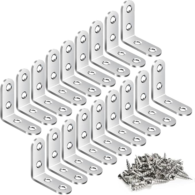 18PCS L Bracket, Stainless Steel Corner Brace for Wood, Metal Right Angle Bracket for Furniture with 72PCS Screws (1.57 x 1.57 inch)