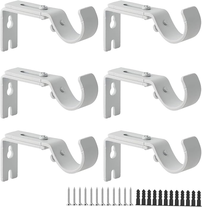 AddGrace Adjustable Curtain Rod Bracket Fits up to 1 inch Curtain Rod Sturdy Premium Brackets for Wall Set of 6 White