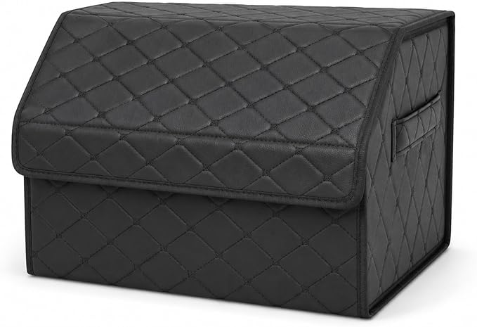 1Pack Leather Trunk Organizer for SUV & Sedans - Extra Large Foldable Car Storage Box with Lid, Adjustable Removable Dividers and Carry Handle, Collapsible Auto Cargo Organizer Black (1)