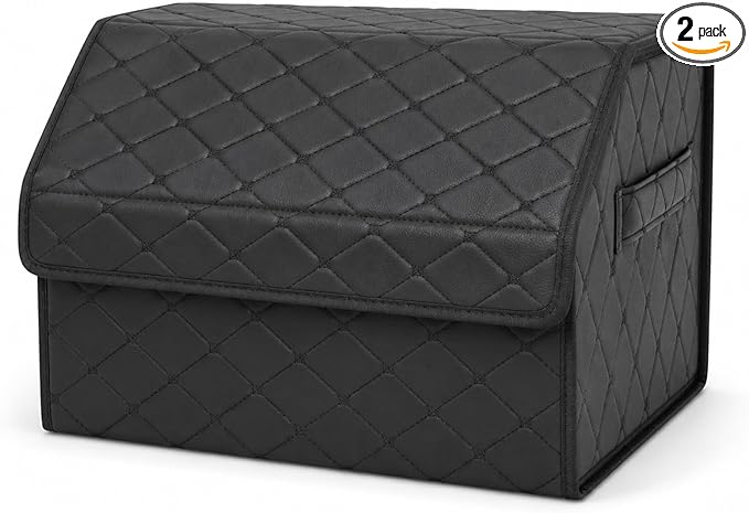 2Pack Leather Trunk Organizer for SUV & Sedans - Extra Large Foldable Car Storage Box with Lid, Adjustable Removable Dividers and Carry Handle, Collapsible Auto Cargo Organizer Black