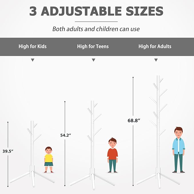 Coat Rack, Coat Racks Freestanding with 8 Hooks 3 Adjustable Heights for Clothes, Hats, Handbags, Coat Tree Easy Assembly for Entryway, Bedroom, Hallway, Office(White 2PCS)