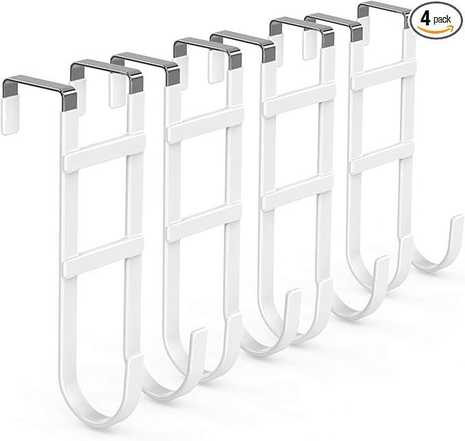 FYY Over The Door Hooks - 4 Pack Heavy Duty Double-Hanger Organizer for Bathroom Bedroom Dorm, Hanging Clothes Towels Hats Bags Ironing Board Wreath Robe - Fits Interior Doors Up to 1.6” White