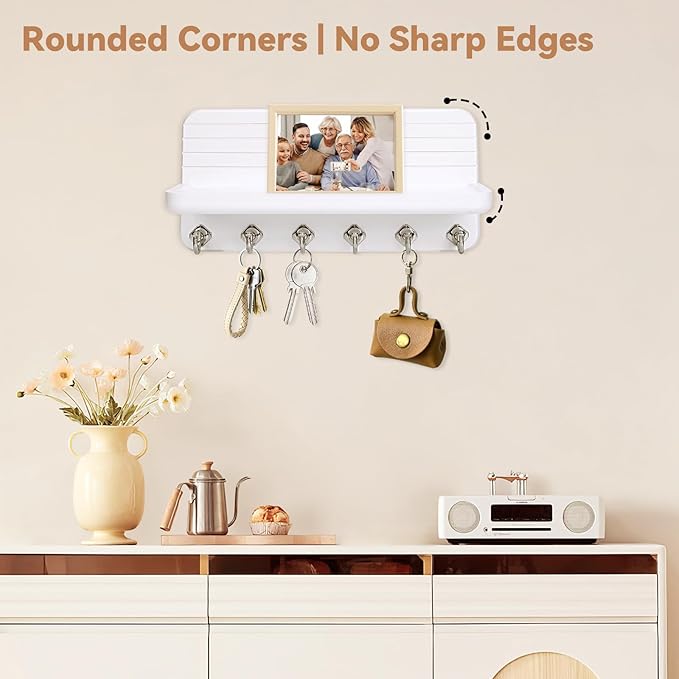 Key Holder for Wall, Mail Organizer Wall Mount with 6 Hooks Wooden Hanging Key Rack for Home Decor, Hallway, Entryway (White)