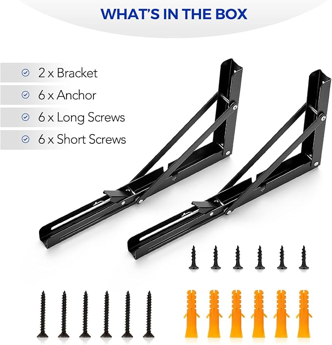 Ravinte 4 Pack 12 Inch Folding Shelf Brackets – Matte Black, Heavy Duty Collapsible Brackets for Tables and Benches – Space-Saving Design
